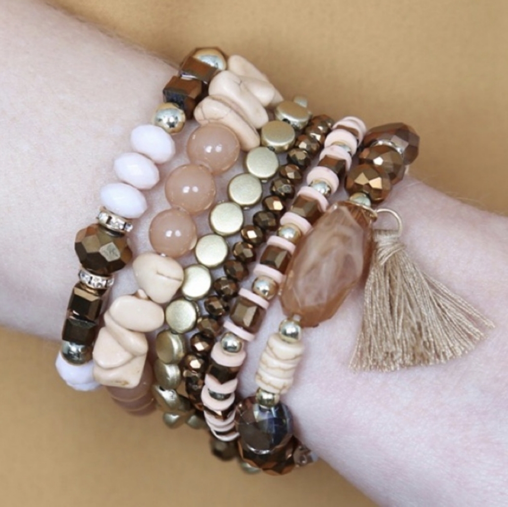 Beautiful Boho Style Bronze and Gold Jeweled Toned Stacking Bracelets - Picture 4 of 4